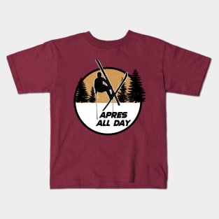 Apres all day skiing ski jump mountains 80's sports Kids T-Shirt